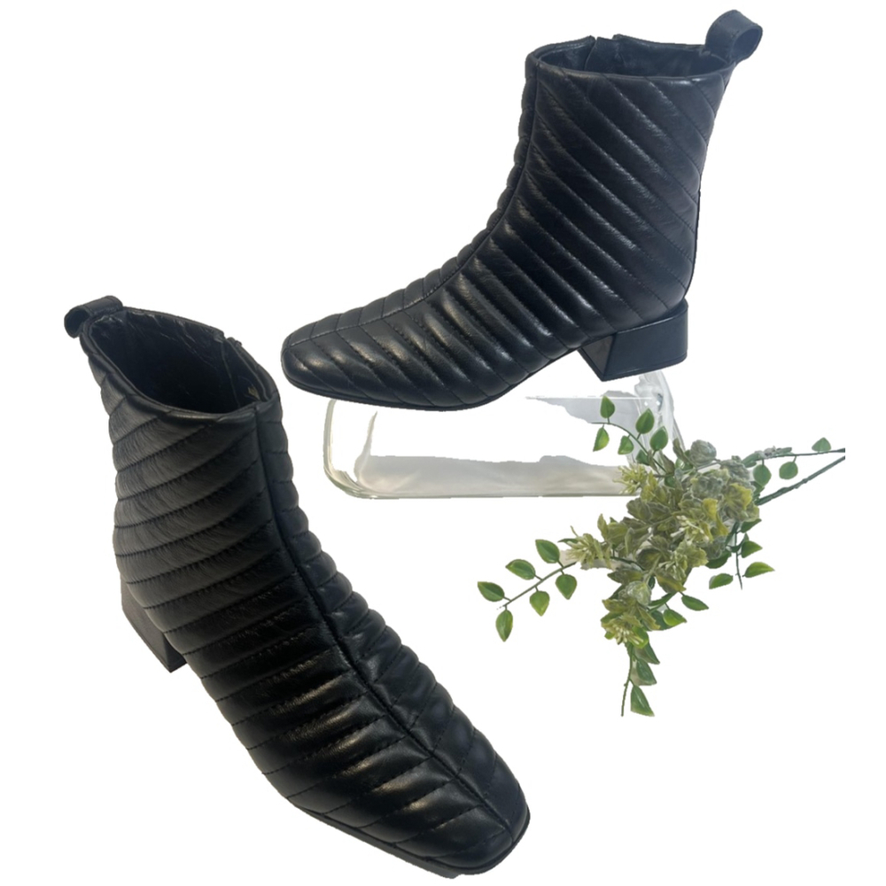 Napoleoni Black Quilted Leather Ankle Boots Block Heel Womens Size 38 Made Italy